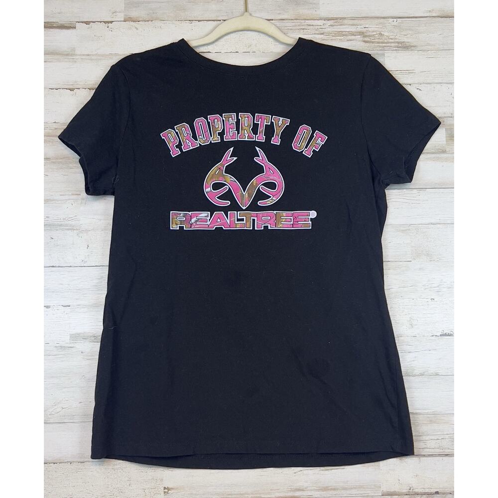 Realtree Womens TShirt Size L Black Pink Camo Lettering Logo Short Sleeve Tee